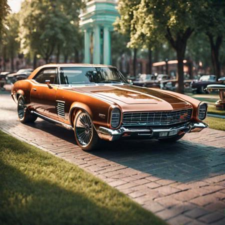muscle car standing in city park, 3D render, trends on cg society, retrofuturism, hyper-realistic photography], antique copper paint for cars, supercar, kodakchrome : : 8 k, anton fadeev 8 k, sports car, with big chrome pipes, classic cars, concept art 8 k, sports car, professional photography]