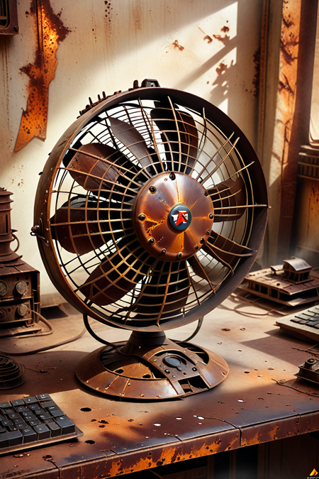 dvr-rst, old desk fan made of rust,  cinematic photography,  <lora:dvr-rst:1>