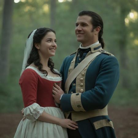 cinematic film still of  <lora:American Revolutionary War style:1>
American Patriot a man and woman standing next to each other,1girl,smile,black hair,long sleeves,dress,multiple boys,grin , American Revolutionary War style, 1812, 1816, shallow depth of field, vignette, highly detailed, high budget, bokeh, cinemascope, moody, epic, gorgeous, film grain, grainy