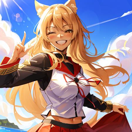 fate \(series\), suzuka gozen \(fate\), 1 girl, solo focus, (aggressive smile, energetic smile, big smile), blond hair, animal ears, school uniform, (gyaru, cowboy shot, dark skin, very dark skin), large breasts, (smile, teeth), one eye closed, wink, outdoors, sunny, sun rays, beach