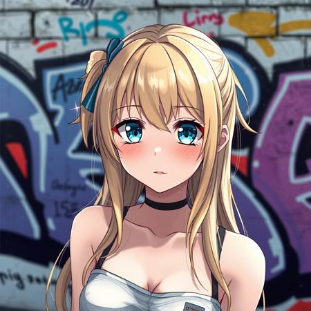A anime girl with blonde hair and blue eyes in front of graffiti, octane rendering, unreal engine 5, beautiful women, 32k uhd, realistic scenery, charming characters, pop culture, shiny