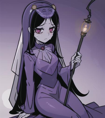 best quality, masterpiece,   <lora:Misery_ruby_gloom:1> Misery_(ruby gloom), blue skin, colored skin, purple dress, light purple bodice, white collar, purple veil, shepherd cane with a skull lantern, long hair, black hair, thin eyebrows, crying, bags under eyes, sitting, chair, tomb, relaxing