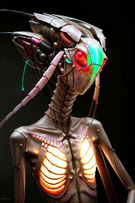 portrait of pearl Mantis queen (long neck, slender arms)) massive headdress, bio armor, (luminescen glowing) floating particles, insect textures, scifi