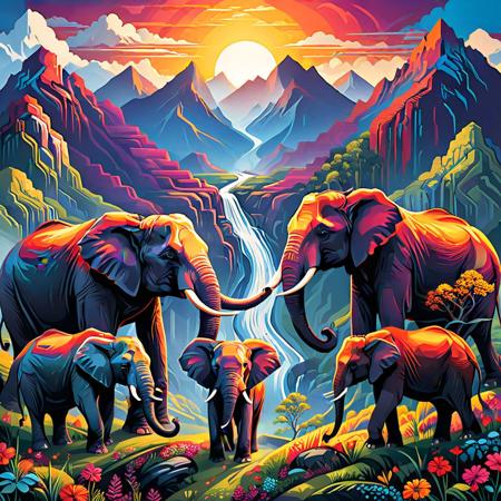 Vibrant and dynamic illustrations and vectors, bursting with color and life, offer viewers a visual feast for the eyes.. a group of elephants standing in front of a mountain, dan mumford. maya render, photorealist, sunshine lighting high mountains, paisley, journey, elephants. These high-quality images are a celebration of creativity and artistry, showcasing the talent and skill of the artist behind them.