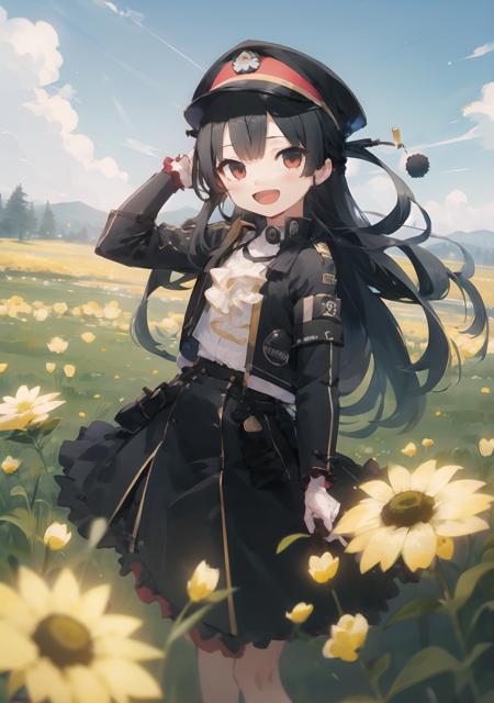 masterpiece,best quality,
8620 \(uniform\), hat,long hair,open jacket,black skirt,
smile,looking at viewer,open mouth,
standing,
flowers meadows,sky,yellow flower,
Medium shot,
<lora:86_locon_5.5-000009:1>