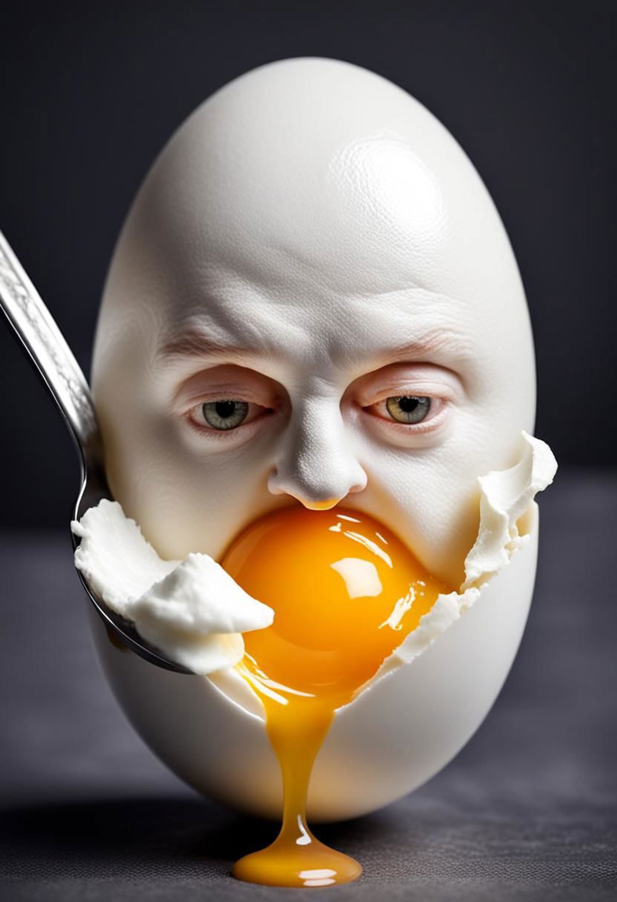 A white egg with a face and a yolk for a nose.