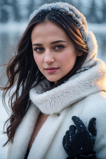 AliciaV_SoloTI_v1,
(happy,smile), (In layers of heavy, fur-lined clothing with a thick scarf and insulated gloves, for a look of warmth and resilience), (A snow-covered landscape, with icy winds howling and frost clinging to every surface, an atmosphere of biting cold and harsh survival:1.3), (seductive:1.3),(analog, cinematic, film grain, hazy atmosphere, cinematic shot:1.3),
 <lora:add_detail:0.6>, PA7_Portrait-MCU,