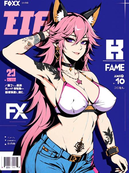 Defaults17Style, 1girl, yae miko, breasts, pink hair, tattoo, jewelry, purple eyes, long hair, pants, covered nipples, solo, large breasts, animal ears, armpits, looking at viewer, fox ears, smile, navel, earrings, cover, cleavage, magazine cover, jeans, choker, bracelet, denim, arm tattoo, ring, fox shadow puppet, hair between eyes, arm up, necklace, piercing