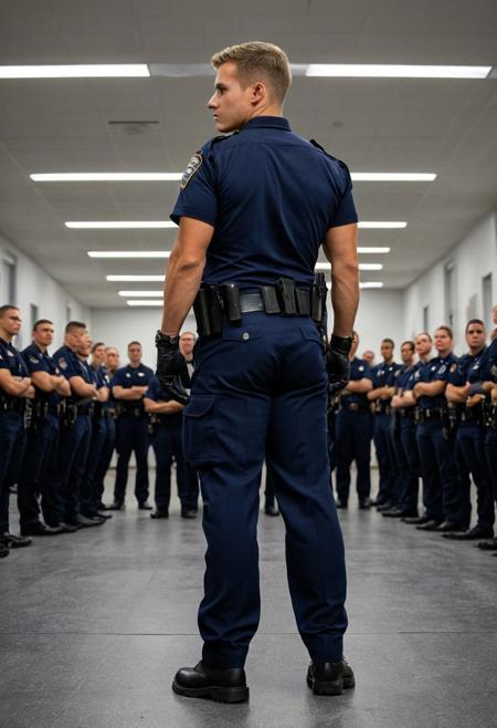 Ultra-realistic, cinematic full-body photo of a 20-year-old handsome Caucasian police academy recruit, viewed from behind during inspection. He stands tall and rigid in formation, hands clasped behind his back, wearing a tightly fitted short-sleeved navy blue police uniform and black tactical gloves. His posture is firm and wide-set, emphasizing his immensely muscular glutes and thick legs, clearly outlined by the snug uniform pants. He’s glancing back over his shoulder at the viewer with a cold, smug expression — quietly confident and slightly arrogant. A fully equipped duty belt wraps his narrow waist, packed with tactical gear. Bright institutional lighting casts clean shadows across the contours of his uniform. The background shows a clean police academy training hall with other recruits standing in line, slightly blurred to maintain focus on him. Shot from a low rear angle, showing the full body from the boots up, with a clear view of his powerful lower body and dominant presence. Hyper-detailed, ultra-realistic textures, photo-quality lighting, and cinematic framing.