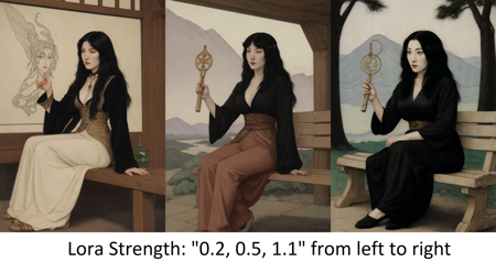 a painting of a woman sitting on a bench, an ultrafine detailed painting, by Austin Osman Spare, art nouveau, portrait of mulan, casting a spell on a potion, handsome guy in demon slayer art, color illustration, woman with black hair, soothsayer, <lora:Austin_Osman_Spare:0.2>