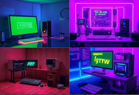 Create a 4-panel image of a futuristic computer desk and system with a retro aesthetic. Each panel should showcase a different style:
1) A sleek, minimalist design with neon accents and a curved CRT monitor displaying green phosphor text.
2) A cyberpunk-inspired setup with glowing cables, holographic displays, and a slightly worn, industrial look.
3) A retro-futuristic desk with wood paneling, analog dials, and a vintage keyboard paired with a modern holographic screen.
4) A vibrant, synthwave-themed desk with a grid-patterned floor, glowing purple and blue lights, and a CRT monitor showing glitchy text.