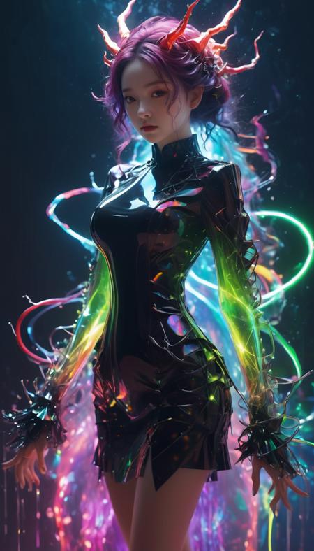 frilly hairstyle,latex dress,torso,body,8k,ultra-detailed,highres,rainbow skin,shattered glass effect,(best quality, masterpiece:1.2),(deformed neon light:1.3),soft particles of fractal fire,volumetric lighting,(masterpiece, best quality),1girl,intricate details,8k,artstation,wallpaper,official art,splash art,sharp focus,dark atmosphere,black coat,black dress,cartoon for adults,white sleeves,sleeves past finger,sleeves past wrists,horns,(glitched body effect),(geometric:1.2),futurism,impressionist,detailed,majestic,breathtaking,(suggestive:1.3),(depressing:1.3),(cute:1.2),enticing,(irresistible:1.3),disturbing,fascinating,(magnetic:1.2),(green),latex clothing,suggestive position,latex costume,Depth of field,vivid color,rainbow bloody veins growing and intertwining out of the darkness,(nailed wire),oozing thick blue blood,sharp neon,veins growing and pumping blood,vascular networks growing,under water,