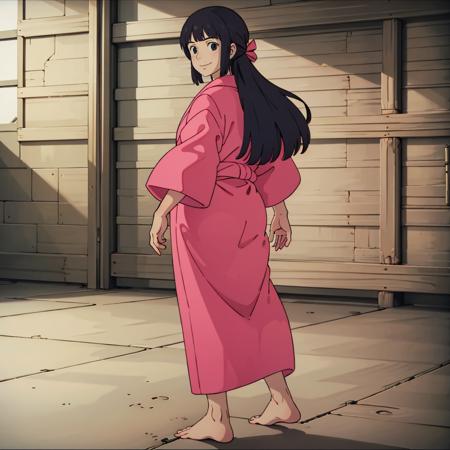 <lora:Toki003:0.7>,solo,looking back,
Toki,1woman,looking at viewer,smile,
long hair,black hair,
pink kimono,barefoot,
full body,standing,
indoors,