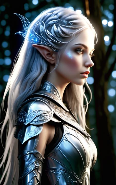 1 girl, beautiful elven maiden:1, silver elven armor:0.8, shoulder portrait, Night, Forest:0.8, Full moon, mana flow, shimmers, psychic energy , intricate details, HDR+, intricate details, Detailed Fluffy Fur, Detailed Hair, hyperdetailed, natural fur texture, detailed skin, hyperrealism, sharp
(hyperrealistic, cinematic light, depth of field)