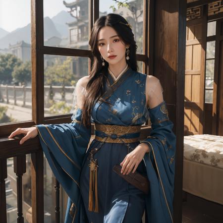 best quality,masterpiece,8k wallpaper,absurdres, highres, ultra detailed, (1 young beautiful girl, solo:1.1),realistic,hair ornament, black hair,cowboy shot, hair stick, chinese clothes, dress, looking at viewer, standing, brown eyes, sash, jewelry,realistic, blue dress,A fairytale land where magical creatures live and thrive,<lora:WLFD_LadyZhen_NOFACE:0.6>
BREAK