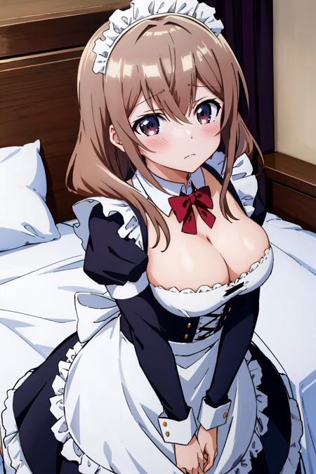 masterpiece, best quality,  <lora:shiorikatase-nvwls-v1-000008:0.9> katase shiori, maid headdress, maid outfit, large breasts, looking at viewer, frown, blush, bedroom, from above