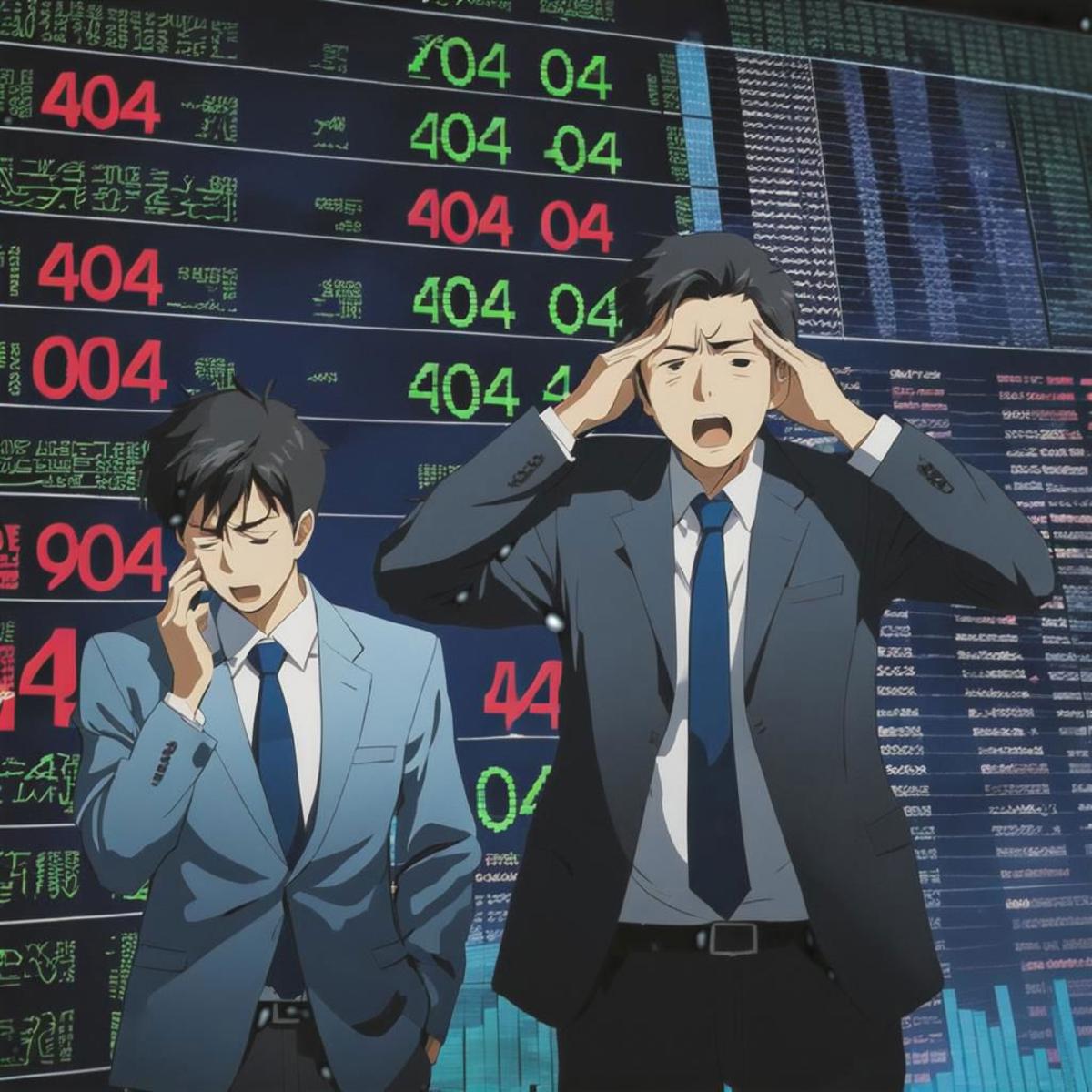 Two men in suits looking at a computer screen with stock market data.