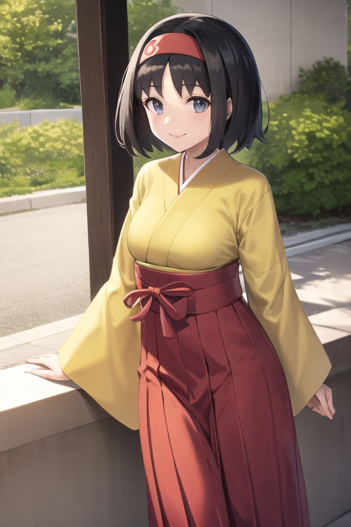 <lora:ErikaLora-10:0.7>, erika \(pokemon\), yellow kimono, red hakama skirt, hakama, smile, headband,