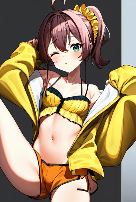 M1, natsuiro matsuri, virtual youtuber, one eye closed, ahoge, brown hair, shorts, navel, striped jacket, split, scrunchie, breasts, jacket, side ponytail, standing split, hair ornament, striped, collarbone, hair between eyes, standing, standing on one leg, camisole, hair scrunchie, looking at viewer, midriff, blush, short shorts, bangs, open clothes, orange shorts, leg up, open jacket, yellow scrunchie, long sleeves, off shoulder, small breasts, v, closed mouth, bare shoulders, crop top, yellow shorts, medium hair, yellow jacket, bare legs,<lora:Hololive_Natsuiro_matusri_v2.0:0.9>