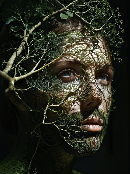 Fractalvines, A portrait of a human face, its features dissolving into a tapestry of fractalvines, revealing the interconnectedness of nature and humanity. <lora:Fractal_Vines:1>  <lora:EnvyBetterHiresFixXL01:0:hr=1>