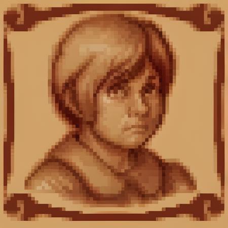 <lora:SNES Lord of the Rings Portraits - V1-000010:.5> snes_lotr_portrait, sepia tone, parchment_border, pixels, portrait, 1boy, armor, young, short hair, looking at viewer, frown