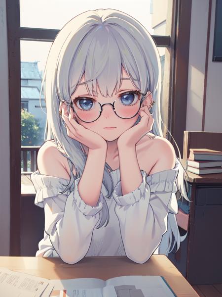 1girl, solo, blue eyes, glasses, long hair, looking at viewer, piercing, bangs, long sleeves, sweater, ear piercing, blush, jewelry, off shoulder, white background, earrings, round eyewear, closed mouth, white sweater, upper body, bare shoulders, simple background, grey hair, head rest, hands on own face, off-shoulder sweater, hands up, sleeves past wrists, white shirt, shirt, hands on own cheeks, off-shoulder shirt, backlighting, light particles, black-framed eyewear, white hair, on stomach, expressionless