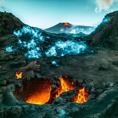 A miniature volcano inside a glass jar. Jar is placed on the window sill. Volcano eruption with smoke and fire coming out, lava descends on the slopes of the mountain. Extremely detailed, 8K, apocalyptic punk style, miniatures, macro photography in close-up.