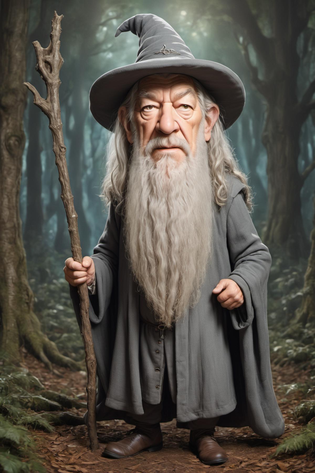 A gray bearded man dressed as Gandalf holds a staff in a forest.