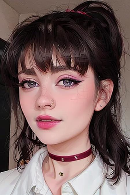 photo of <lora:rocketbabey-11:0.8>, rocketbabey, a woman, ((best quality, masterpiece))(closeup, portrait), ((collared shirt, choker):1.2), (red lipstick, eye shadow, eyeliner, blush),  (ponytail), indoors, classroom, chalkboard, smile, ((detailed eyes, detailed face):1.2)