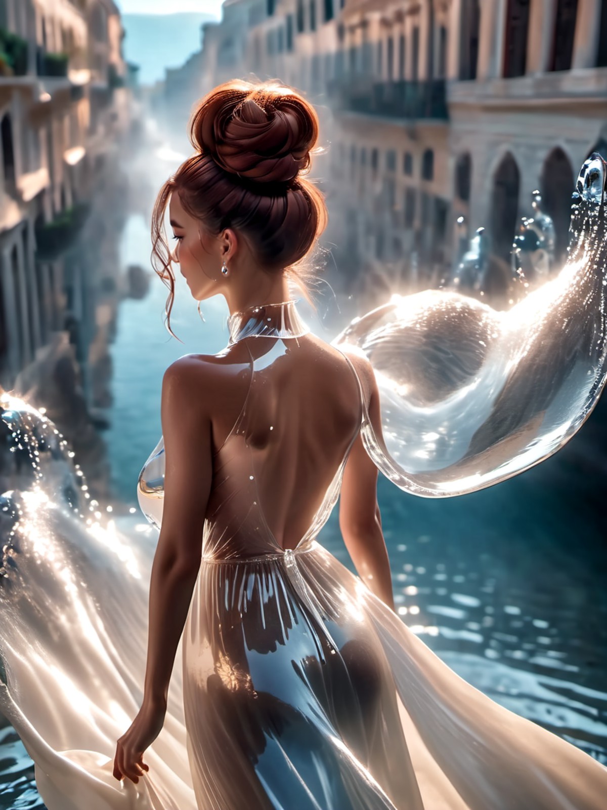 cinematic film still beautiful woman wearing a (water dress) Lunging in Rapture City, <lora:xl_water_dress-1.0:0.8>, 
Over...