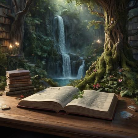 Hyperrealistic digital painting of a fairy tale book on library table with a scene of an enchanted forest and a waterfall growing from the pages, where mystic, flora and fauna support an ecosystem of magic and wonder. ultra detailed, hyperrealistic, soft natural volumetric cinematic perfect light, ultra photorealistic, 8k resolution, Greg Rutkowski