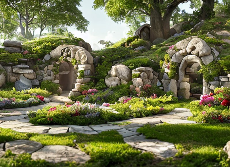 a discodifland inside a garden with stone portals, artstation, sharp focus, inspiring 8k wallpaper