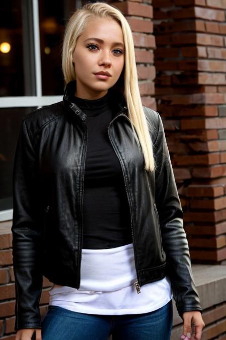 eighteen year old girl wearing a black leather jacket and black zip up sweater, realistic, analog photo, masterpiece, trending on artstation, urban landscapre