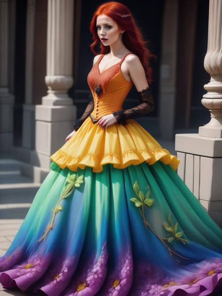 photograph of a beautiful girl wearing a long dress, <lora:xl_n15g_aio_clothing-1.0:0.8>, realistic, vibrant, vivid,
AND realistic red hair,
AND realistic orange victorian dress,
AND realistic yellow idol dress,
AND realistic green idol dress,
AND realistic blue princess dress,
AND realistic purple flower dress