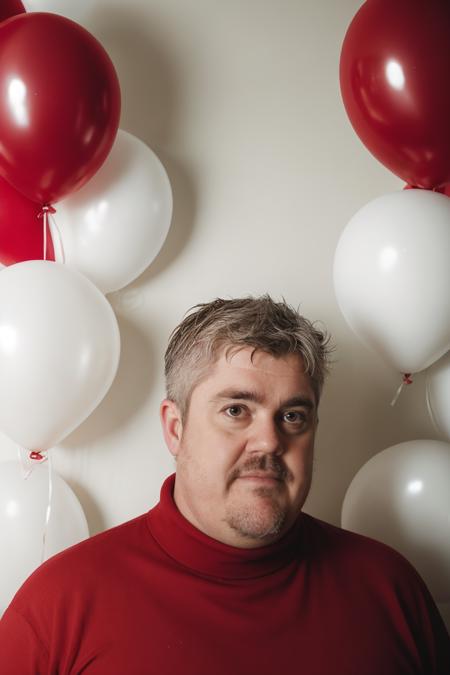 PhillJupitus, fashion portrait photo of handsome man from the 60s wearing a (red turtleneck:1.1) standing in the middle of a ton of white balloons, taken on a hasselblad medium format camera <lora:PhillJupitusLora:1>