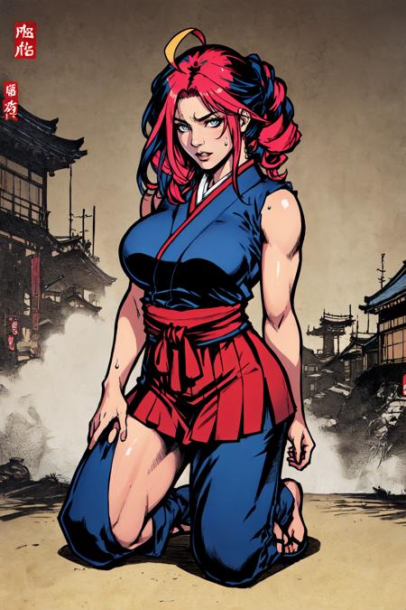 Yakuza shinobi lord, 1girl, solo, solo focus, tobi pants, short skirt, two tone hair, indigo hair, crimson hair, Side Swept Curls, sexy, voluptuous, sweating, Japanese village, bombshell hair, Chignon, official art, arms behind back, kneeling, detailed face, detailed eyes, detailed hair, detailed skin, ahoge