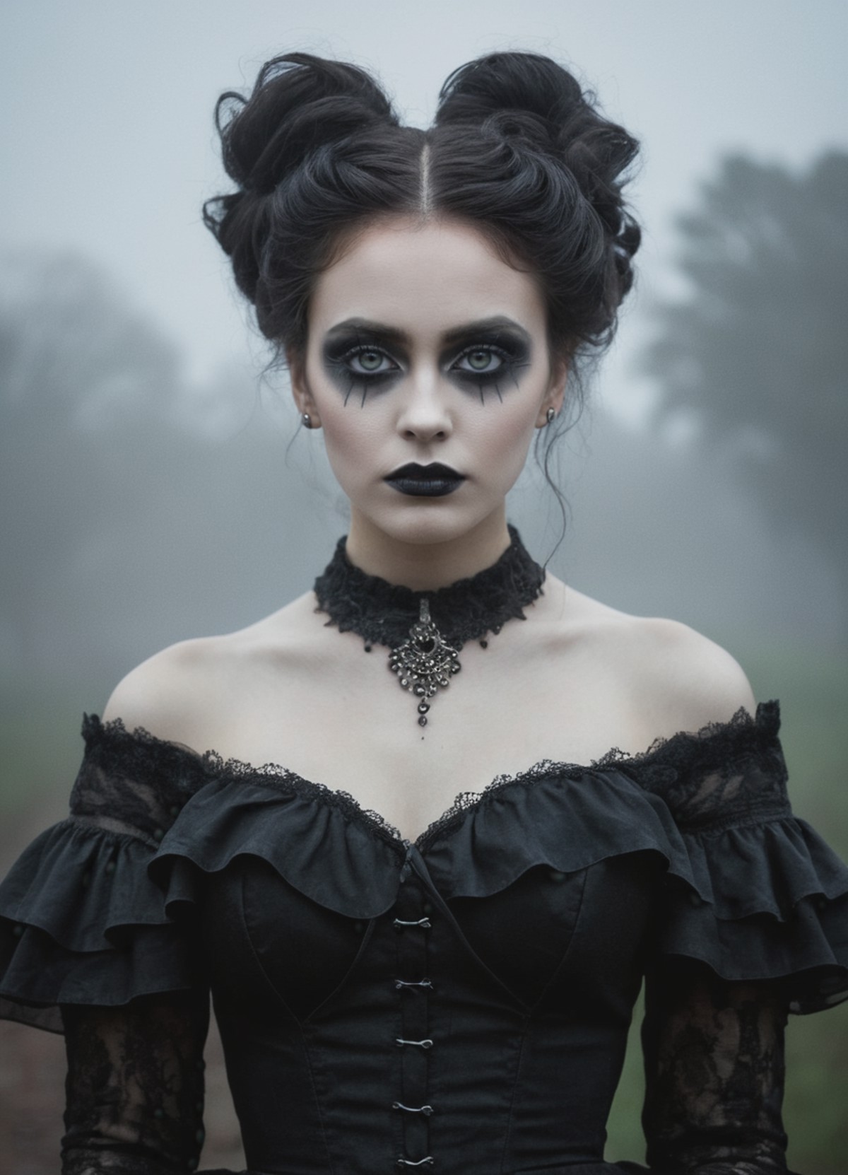 wide shot, standing in eerie haunted fog storm,
with black and white makeup, trending on deviantart, gothic art, grotesque...