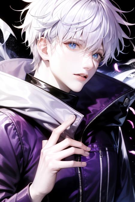 1boy, aura, biribiri, black_background, blue_eyes, blue_fire, blurry, cigarette, coat, crystal, electricity, energy, glowing, glowing_eye, hair_between_eyes, high_collar, holding, holding_cigarette, lightning, long_sleeves, looking_at_viewer, magic, male_focus, purple_coat, simple_background, solo, upper_body, white_hair