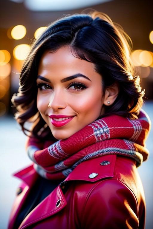 Closeup portrait of \(waifu: Vicky\), wearing a pink scarf and a red coat, outdoors, winter, daylight, snowing, vicky_o, tanned, black_hair