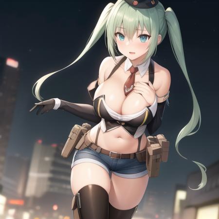 (masterpiece, best quality:1.2),illustration,8k,hd,city,1girl,solo,cowboy shot,micro uzi (girls frontline),aqua eyes,aqua hair,belt,between breasts,black gloves,blush,boots,black thighhighs,cleavage cutout,detached sleeves,eyebrows visible through hair,hair between eyes,hat,holster,large breasts,long sleeves,long twintails,midriff,navel,necktie between breasts,short shorts,twintails,<lora:Micro Uzi(gf)>,