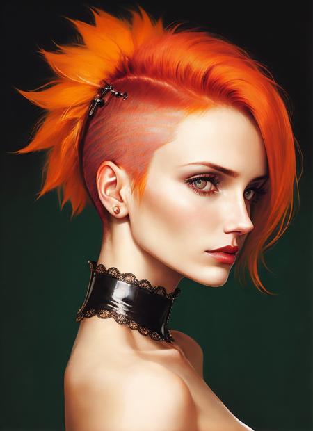 portrait of sks woman by Flora Borsi, style by Flora Borsi, bold, bright colours, orange Mohawk haircut, ((Flora Borsi)), <lora:locon_cameron_v1_from_v1_64_32:1.3>