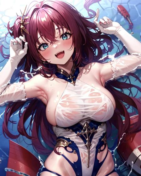 surcouf, one-piece swimsuit, one side up, 1girl, breasts, solo, open mouth, large breasts, looking at viewer, smile, partially submerged, armpits, water, wet, on back, fang, :d, blush, lying, skindentation,  wet clothes, fangs, hair between eyes, bangs, <lora:AzurLaneSurcoufV1:0.85>,