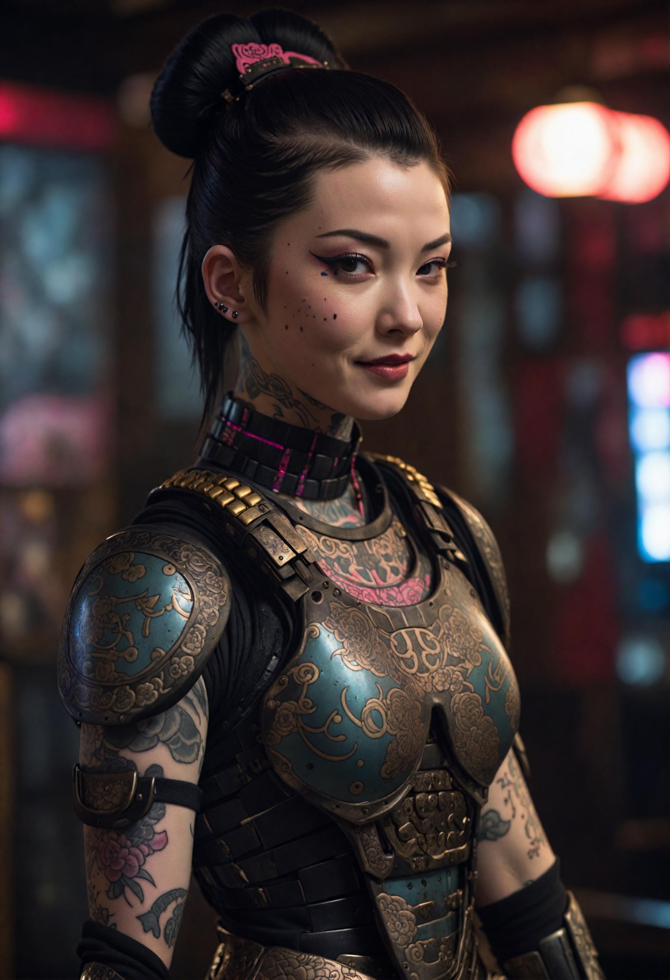 A woman with a tattooed face and body wearing a blue and gold armor.
