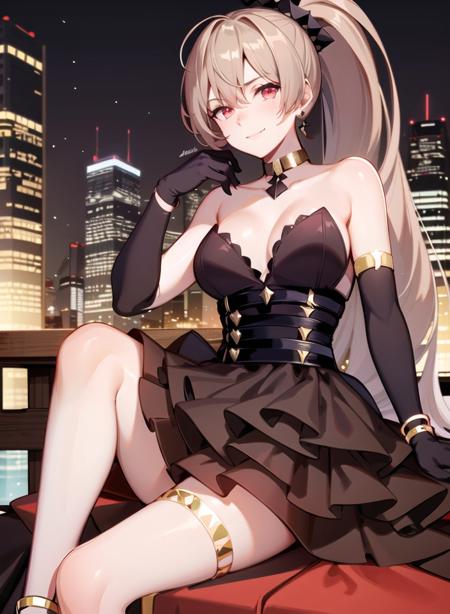 1girl,masterclass,best quality, illustration, outdoors,cityscape,JeanBartBloodstone,smile,  black_dress, black_gloves, gold_bracelet, cocktail_dress, earrings, hair_ornament,  high_ponytail,     thighlet,  gold_choker, evening_gown, short_dress,   layered_dress, sitting <lora:Jean_Bart_D8_V1_e6:1>