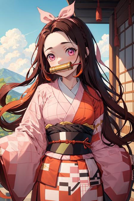 ((masterpiece)), nezuko, 1girl, bamboo, bit gag, brown hair, checkered sash, gag, gagged, gradient hair, hair ribbon, haori, japanese clothes, kimono, long hair, looking at viewer, multicolored hair, orange hair, pink eyes, pink kimono, pink ribbon, ribbon, solo, upper body, <lora:nezuko-01:0.7>