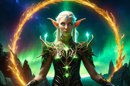 ((real photo of an elven battle druid, vines and earth erupting around them, eyes glowing with primal rage):2.5), ((shimmering with prismatic colors, each hue pulsing with battle energy):2.0), ((prismatic plate armor, refracting light into deadly rainbows, forged for epic battles):1.8), ((followed by a real photo of an elven war hawk, talons gleaming with battle intent):1.7), ((real photo of ancient elven ruins floating in a cosmic void, debris suspended, with auroras clashing in the sky, vibrant light battling darkness):2.2), ((scene of unleashing an aurora blast, vibrant light tearing through foes, with an epic and heroic intensity, battle royale climax):1.9), ((real photo of a starrend blade forged from fallen stars, glowing with cosmic fury):1.5), ((real photo of an ethereal clash, light and shadow colliding):1.4), ((real photo, hyper-realistic, 8k resolution, surreal endgame elements, cosmic palette with starry gradients and void hues, dramatic lighting with strong, natural contrasts, battle intensity):1.8), <lora:DonM3lv3sXL-000005:1>