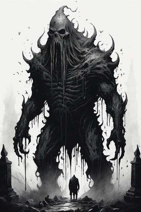 Ink Dripping Drawing, gigantic fantasy-monster in a graveyard, heavy fog, ink drawing, dripping ink