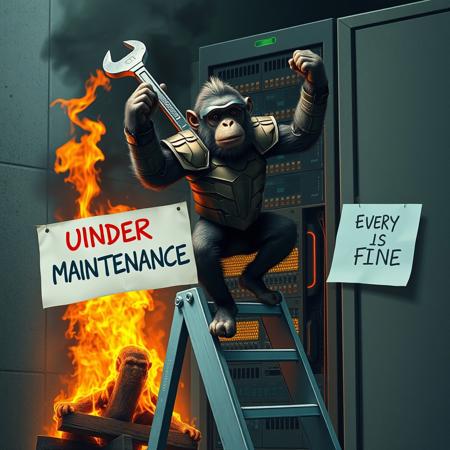 realistic, realism, surreal, monkey in armor holding a wrench, breakdancing on step ladder, in front of burning server machine, server is on fire. (a paper sign on ladder say "UNDER MAINTENANCE, EVERYTHING IS FINE")