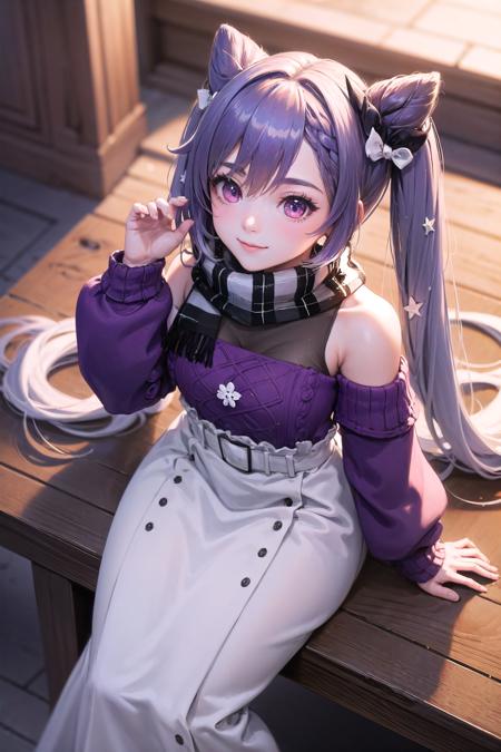 gikeqlr, <lora:wrenchgikeqlr:1>, 1girl, sweater, scarf, twintails, long skirt, light smile, sitting, (from above:1.2), looking up, bodystocking,