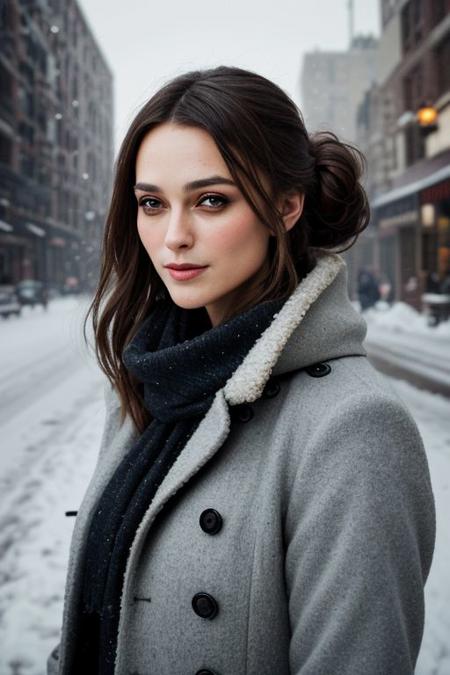 Photography of a classy woman's face,
dslr photo,
32k,
very sharp,
realistic,
highly-detailed-skin,
her hair is brown and short like she has the eerie glow that makes it feel like Keira Knightley when she was 18 years old,
it's cold and she is wearing a wool scarf and coat,
snow falling in her hair,
to otherworldly beauty in a dense urban setting setting against the soft light on their lips by jeremy mann,
smiling proudly,
hair in a tight bun,
8K resolution, 
high detail, ultra-high
